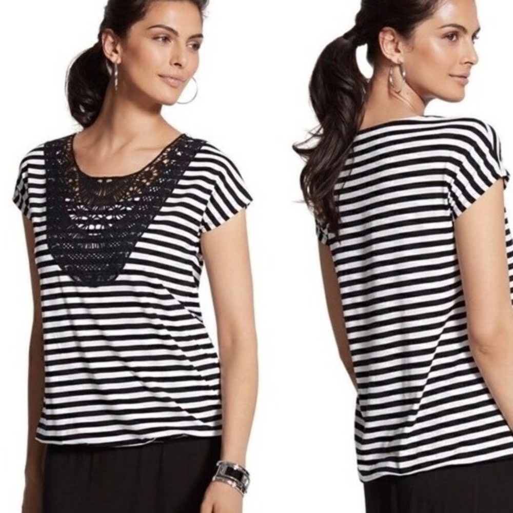 Chico's Black and White Stripe Creation Crochet Tee
